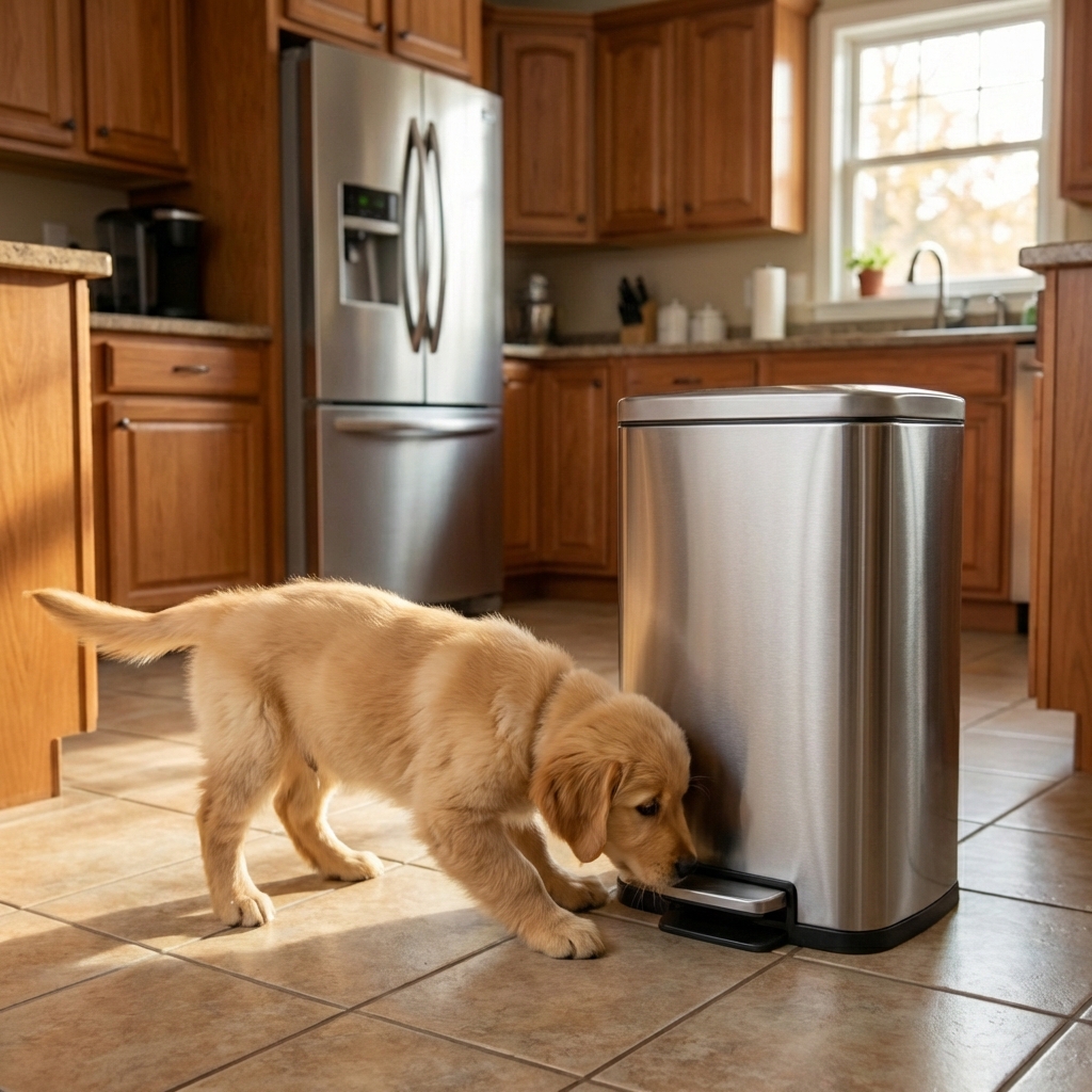A curious puppy sniffing near a closed kitchen trash can