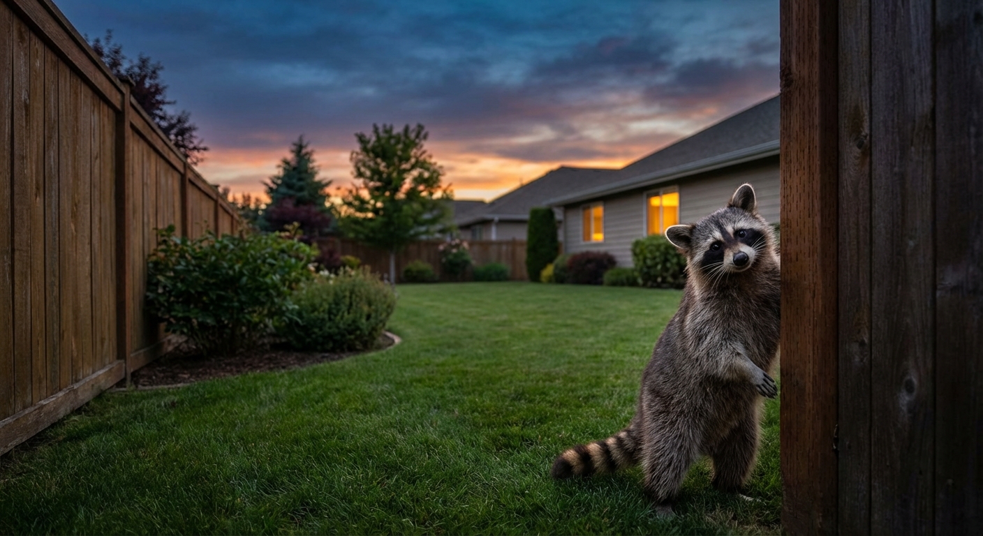 A curious raccoon near the edge of a suburban backyard at dusk
