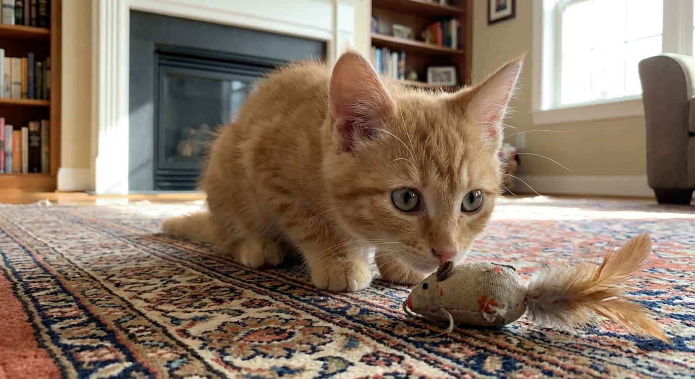 A curious young cat sniffing a small toy on a living room rug