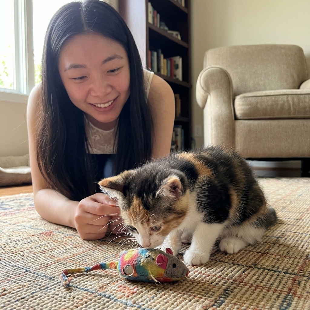 A curious young cat sniffing a small toy on a rug while an owner watches closely