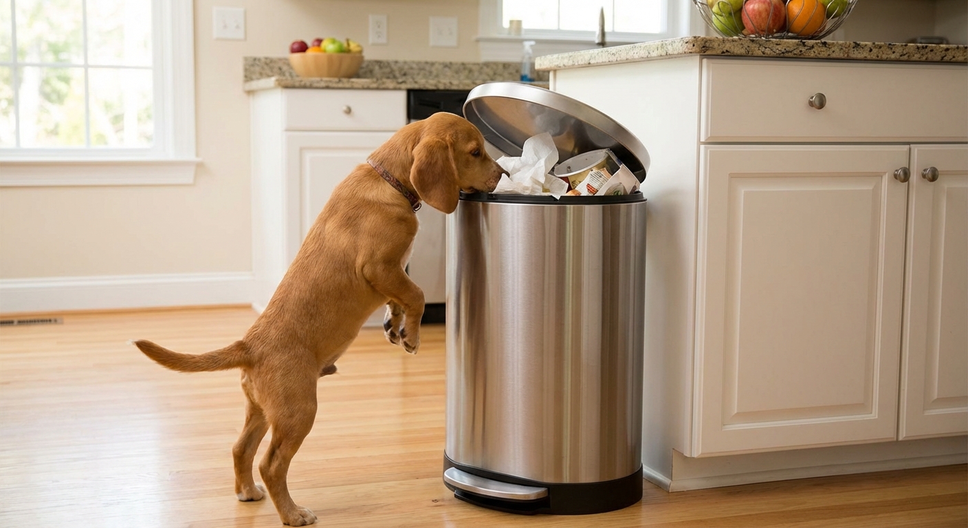 A curious young dog sniffing near an open kitchen trash can in a home
