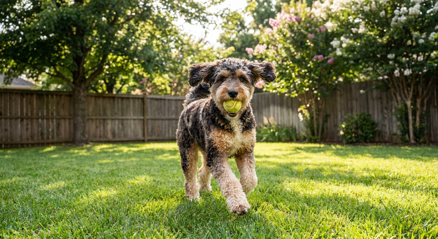 A curly-coated Aussiedoodle running across a green suburban backyard carrying a tennis ball on a sunny day, natural photo