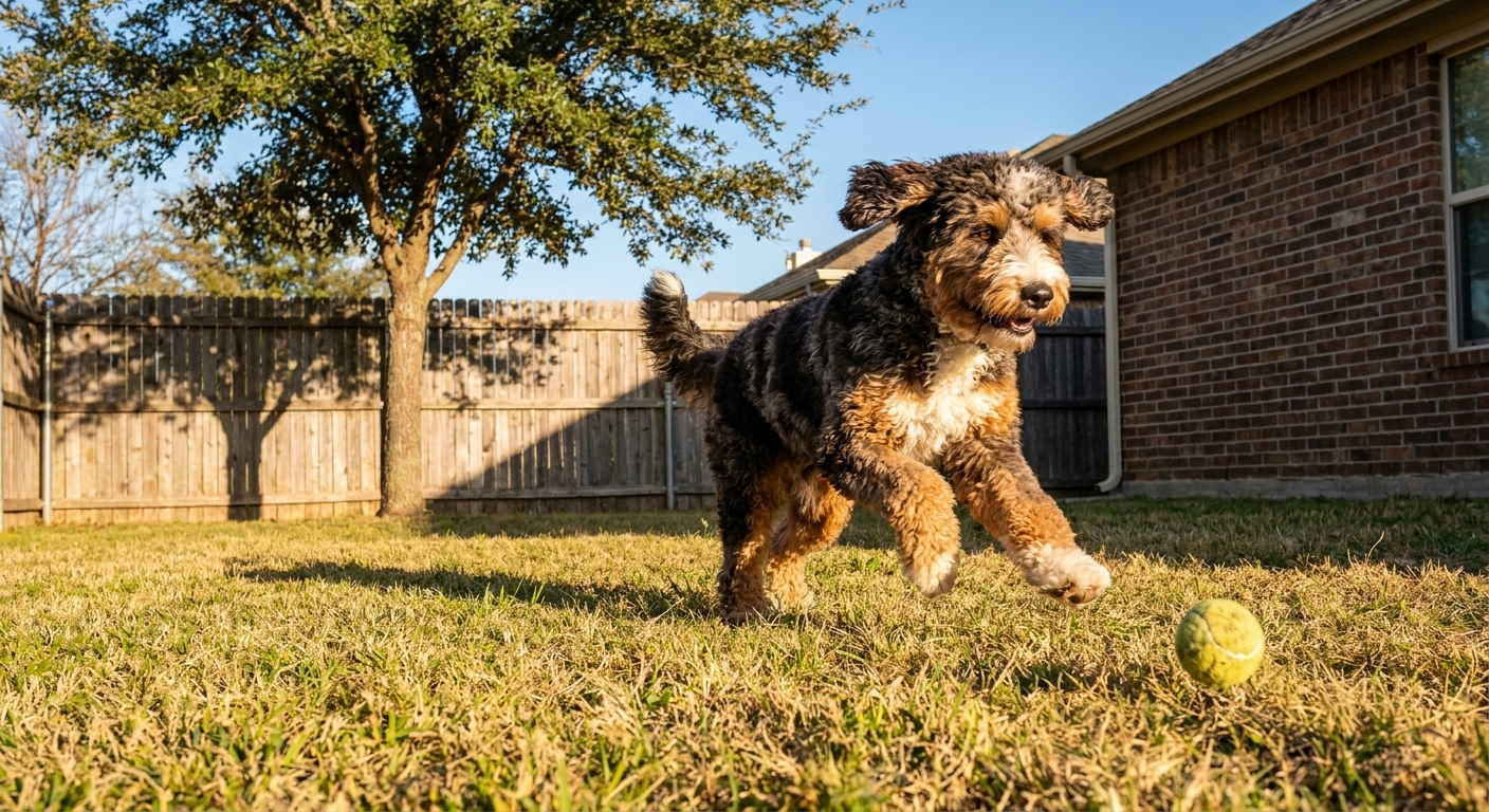 A curly-coated Aussiedoodle running across a sunny Texas backyard while chasing a tennis ball, natural light photo
