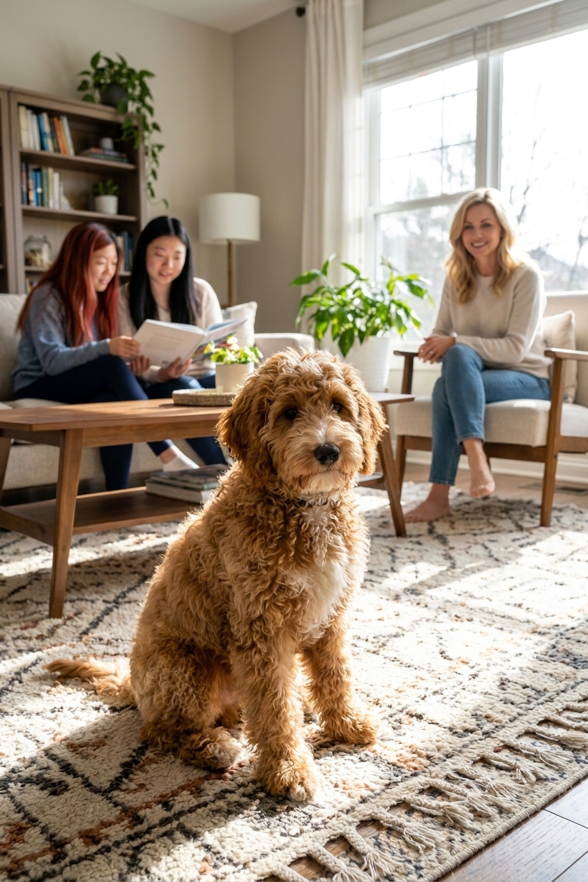 A curly-coated Australian Labradoodle puppy sitting on a living room rug while a family relaxes in the background, natural light, real-life photography style