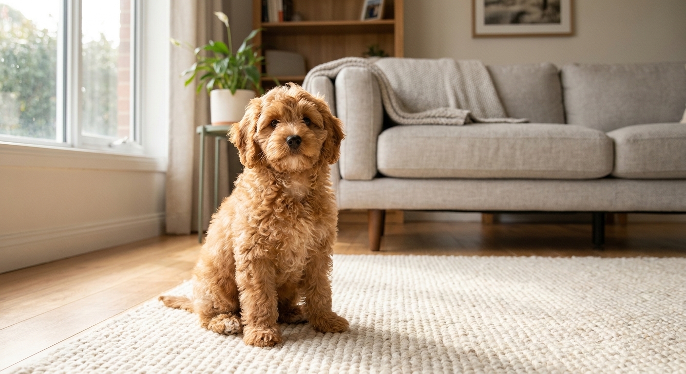 A curly-coated Cavapoo puppy sitting on a cozy living room rug near a sofa, natural window light, real-life home photo