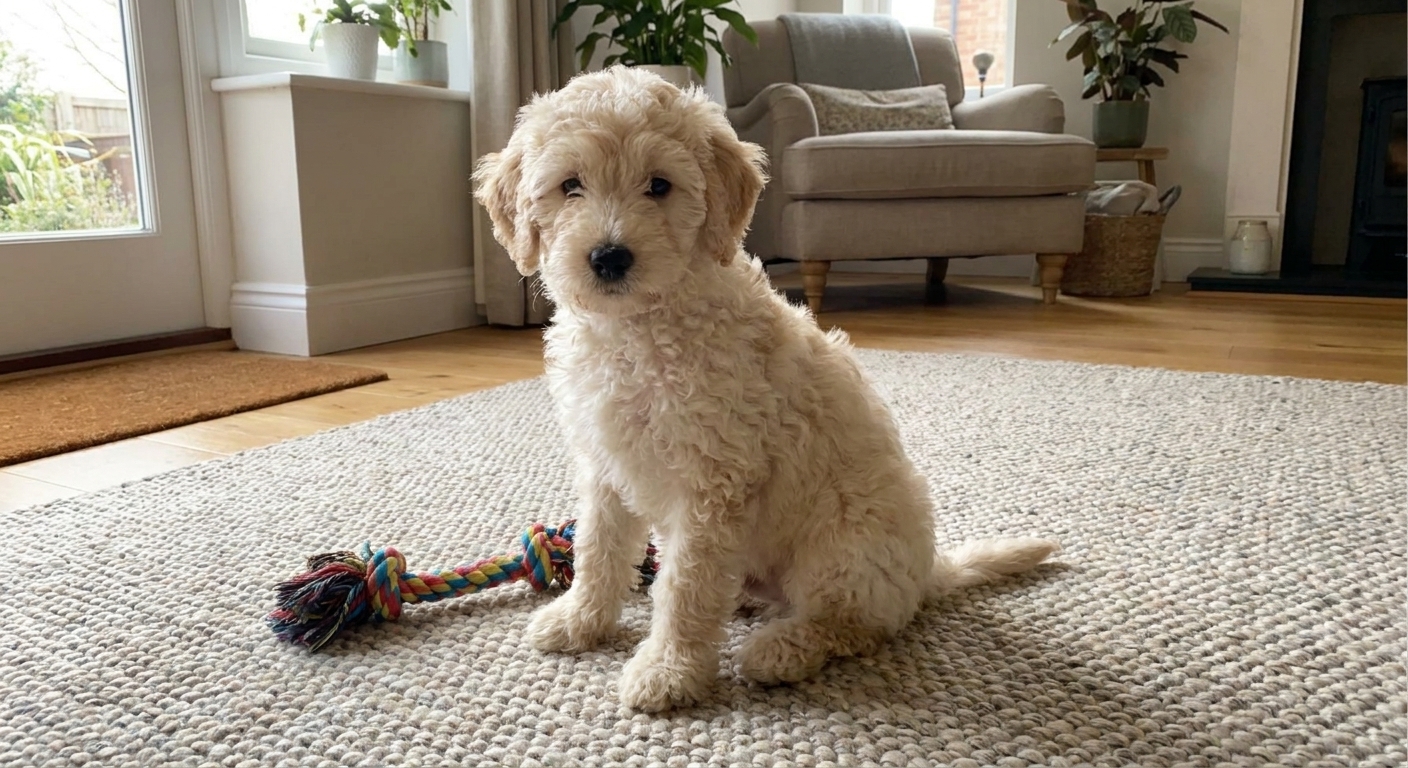 A curly-coated Mini Labradoodle puppy sitting on a living room rug next to a dog toy, natural light, candid real-photo style
