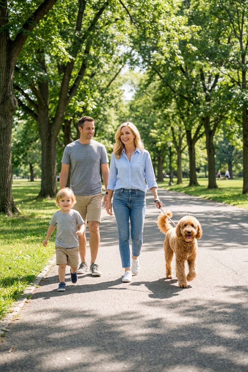 A curly-coated Poodle mix trotting happily beside a family on a tree-lined park path on a sunny day, realistic photography