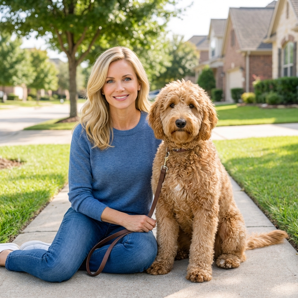 A curly-coated doodle-type dog sitting on a sidewalk next to a person holding a leash