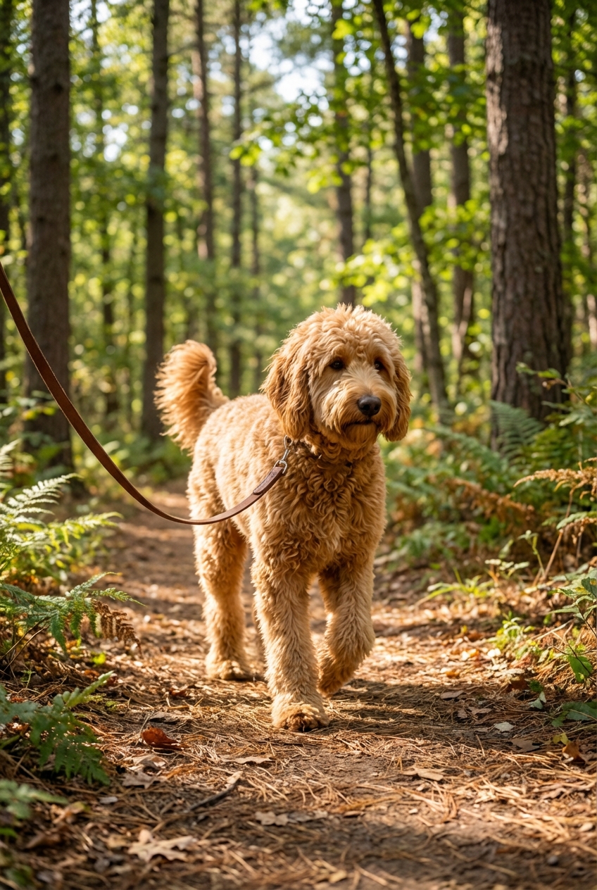 A curly-coated doodle-type dog walking on a leash on a wooded trail in daylight