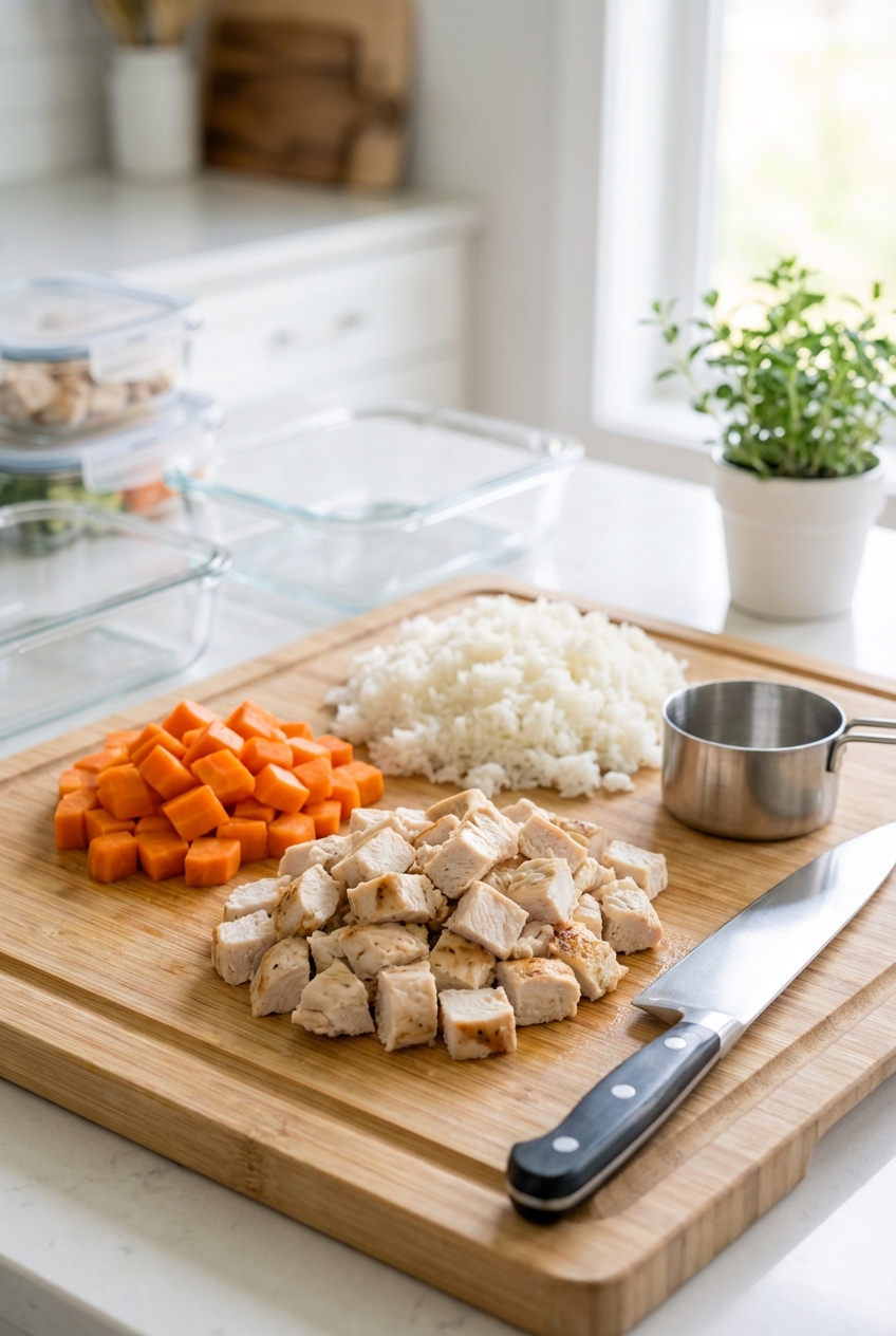 A cutting board with chopped cooked chicken, steamed carrots, and cooked rice ready to be portioned