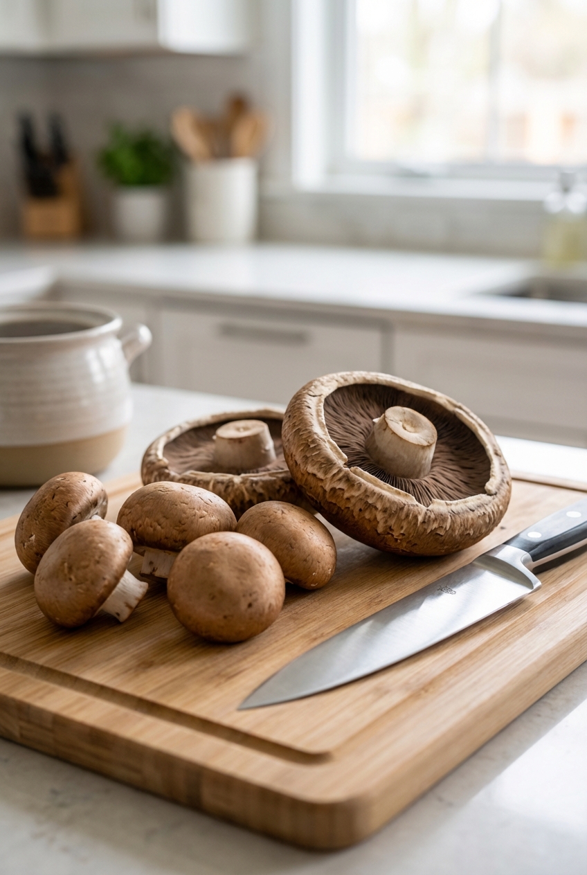 A cutting board with whole cremini and portobello mushrooms next to a kitchen knife