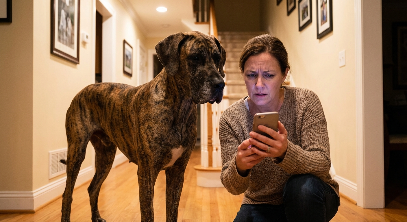 A deep-chested dog standing in a hallway while an owner holds a phone, looking concerned