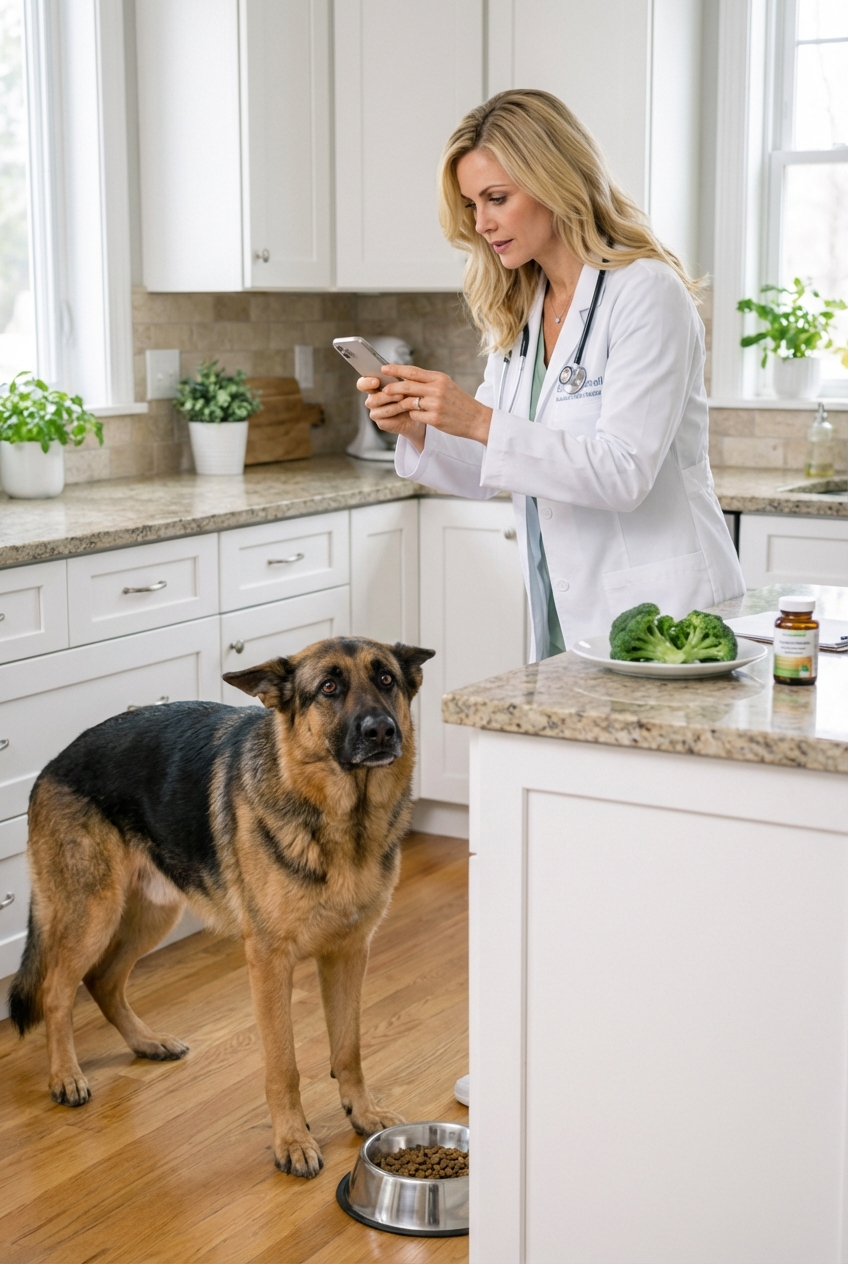 A deep-chested dog standing in a kitchen looking uncomfortable with an owner holding a phone