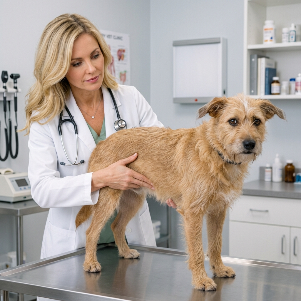 A deep-chested dog standing in a veterinary exam room while a veterinarian gently palpates the dog's abdomen