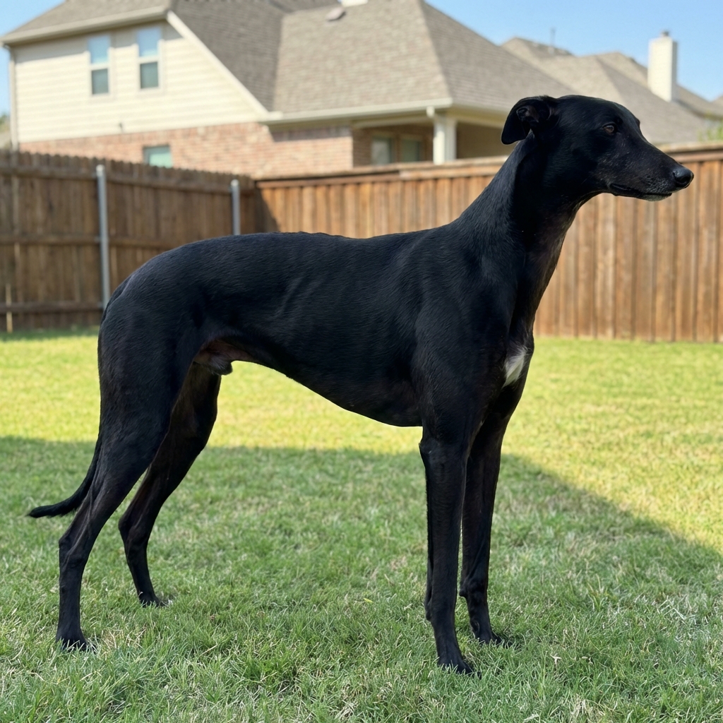 A deep-chested large breed dog standing sideways in a backyard, showing a tucked waist and narrow chest