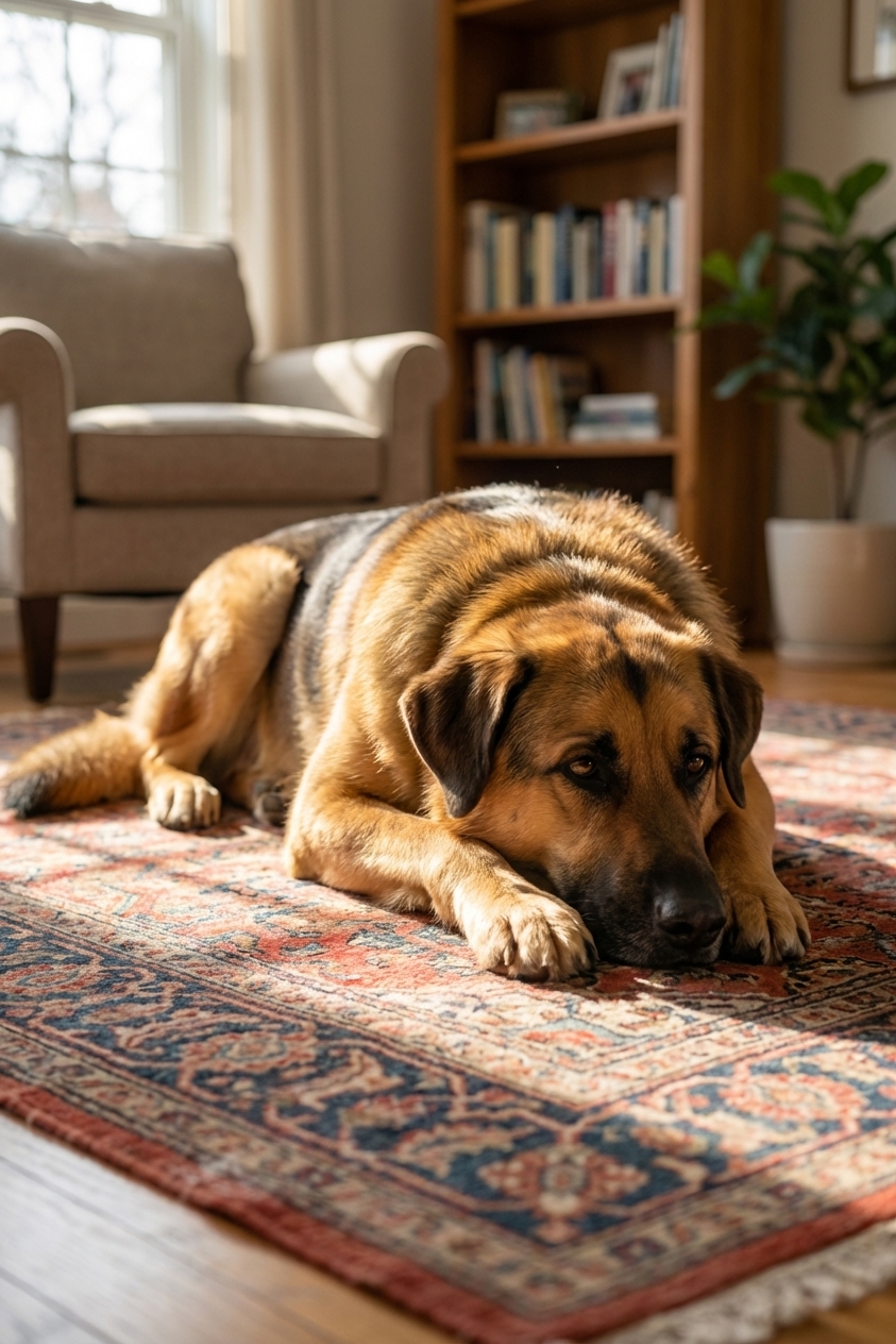 A deep-chested mixed breed dog resting quietly on a living room rug with soft afternoon light