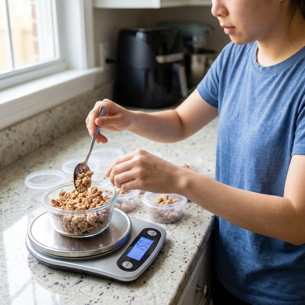 A digital kitchen scale on a countertop with a small bowl of cooked ground turkey being weighed, hands portioning food into small containers, photorealistic