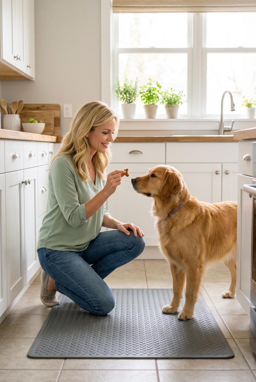 A dog and owner in a quiet kitchen with the dog standing on a non-slip mat while the owner holds a treat
