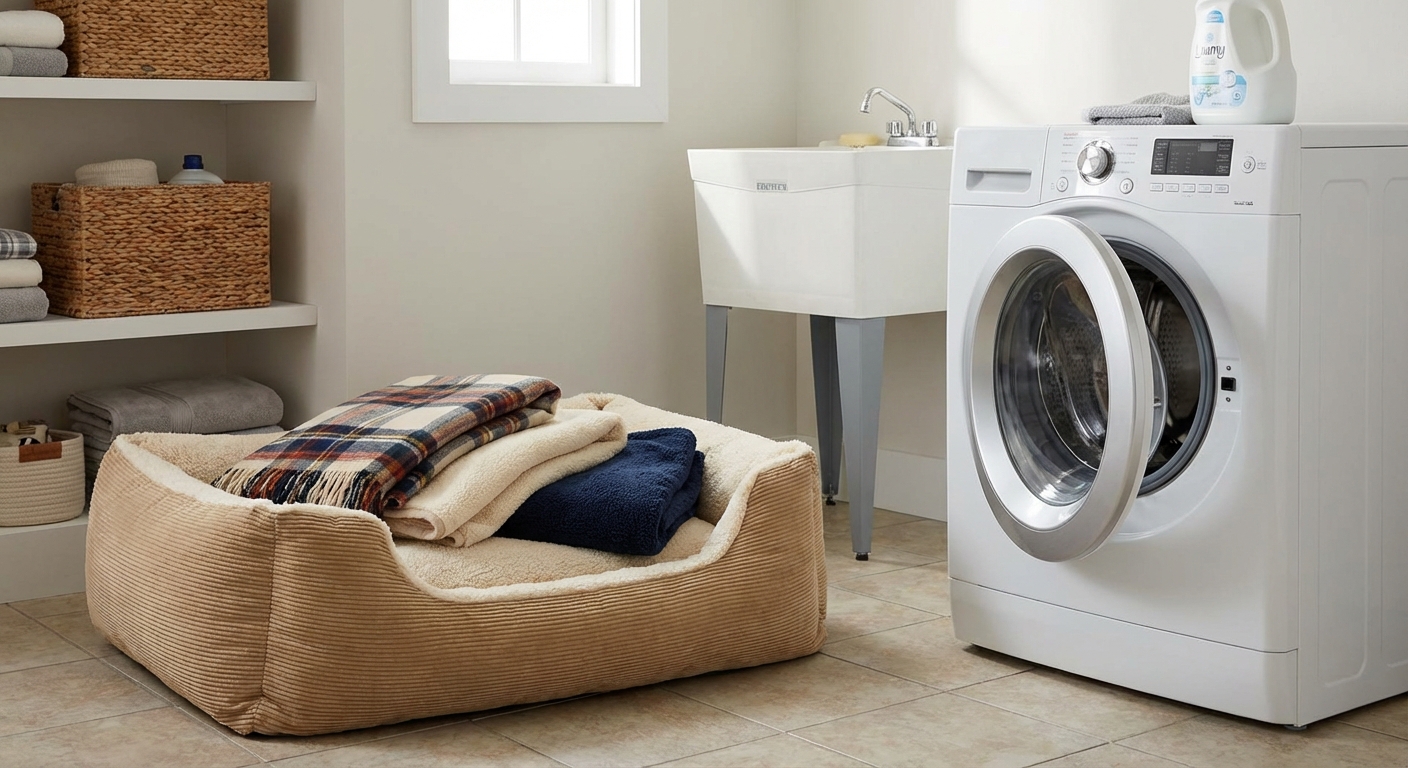 A dog bed and blankets in a laundry room next to a washing machine