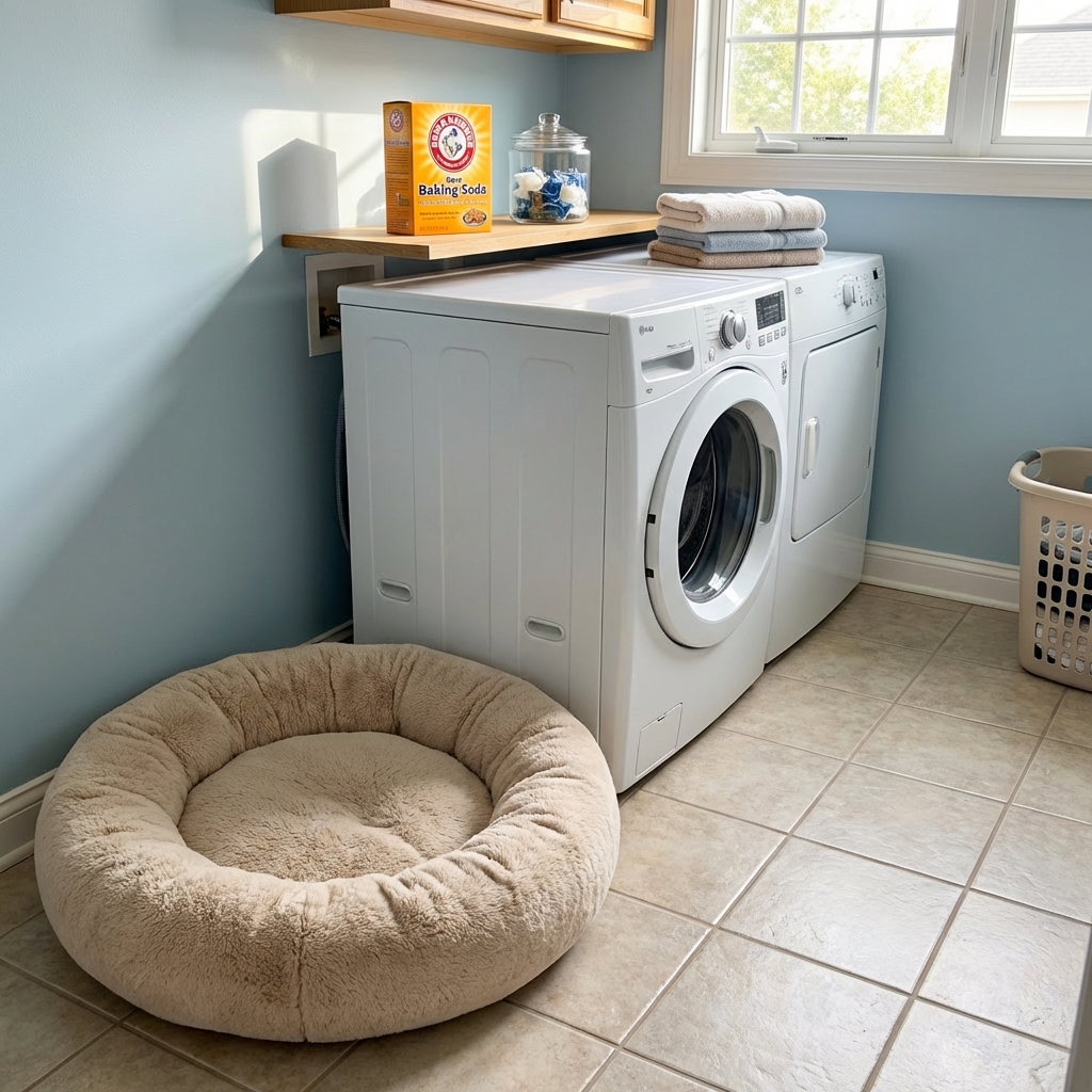 A dog bed in a laundry room next to a washing machine with a box of baking soda on a shelf