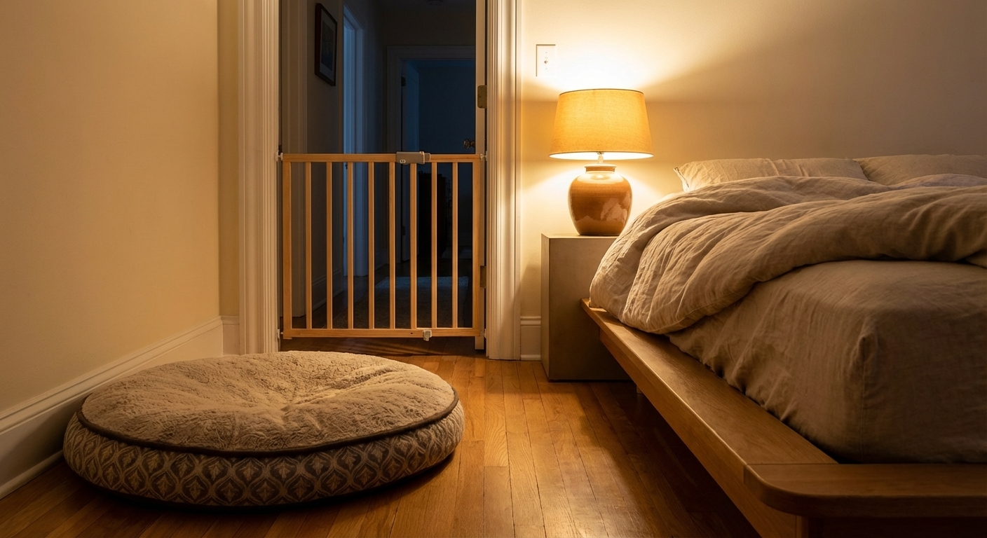 A dog bed placed on a bedroom floor beside a low bed, with a baby gate visible in the doorway, warm nighttime lamp light, photorealistic
