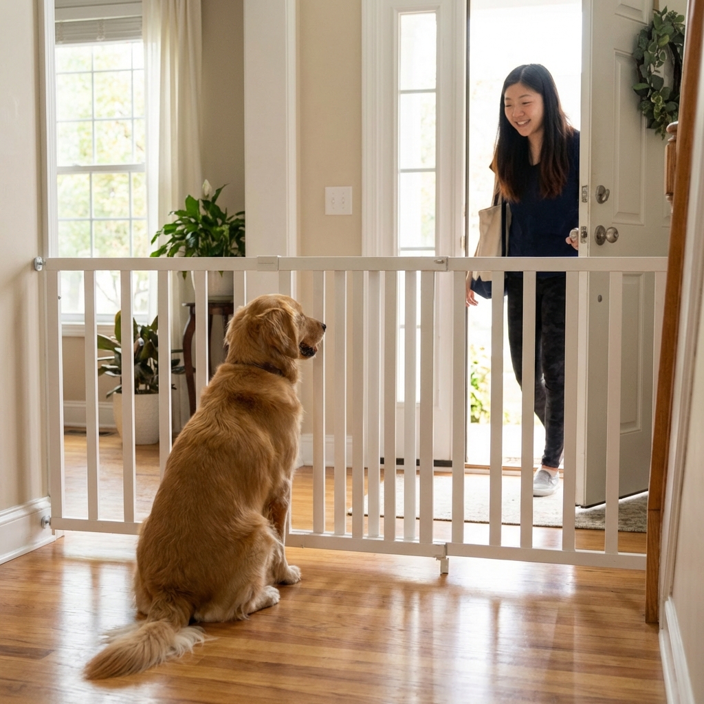 A dog behind a baby gate watching calmly as a guest enters a home