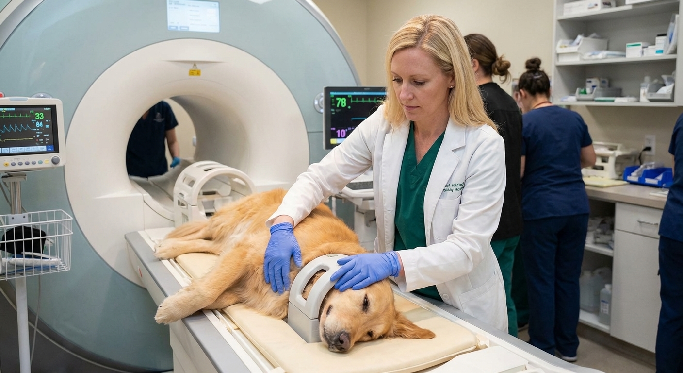 A dog being carefully positioned on a padded table in a veterinary specialty hospital MRI suite, realistic clinical photography