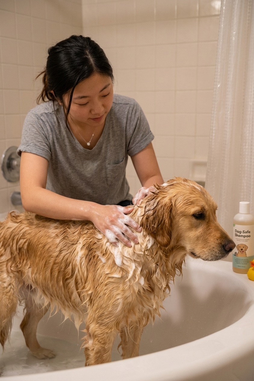 A dog being gently bathed in a bathtub with a person lathering dog-safe shampoo along the back and shoulders, soft indoor lighting, photorealistic