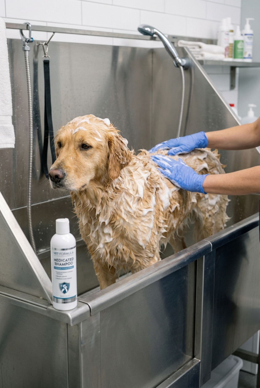 A dog being gently bathed in a tub with medicated shampoo lathered on its coat