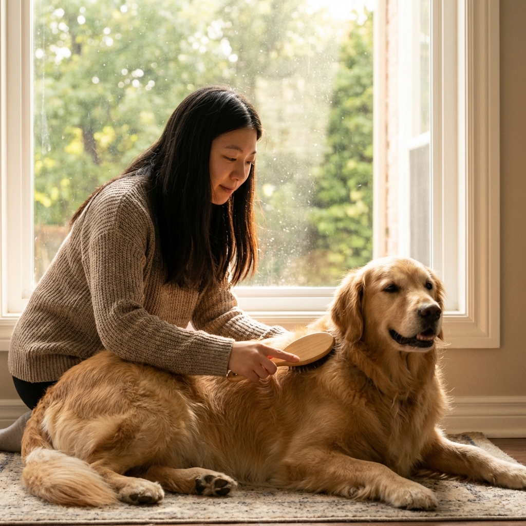 A dog being gently brushed by an owner near a window with soft daylight