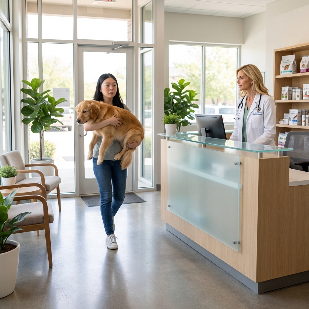 A dog being gently carried into a veterinary clinic lobby by an owner, showing an urgent but calm moment
