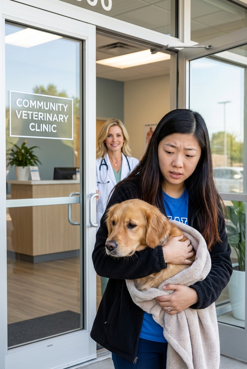 A dog being gently carried into a veterinary clinic entrance by an owner