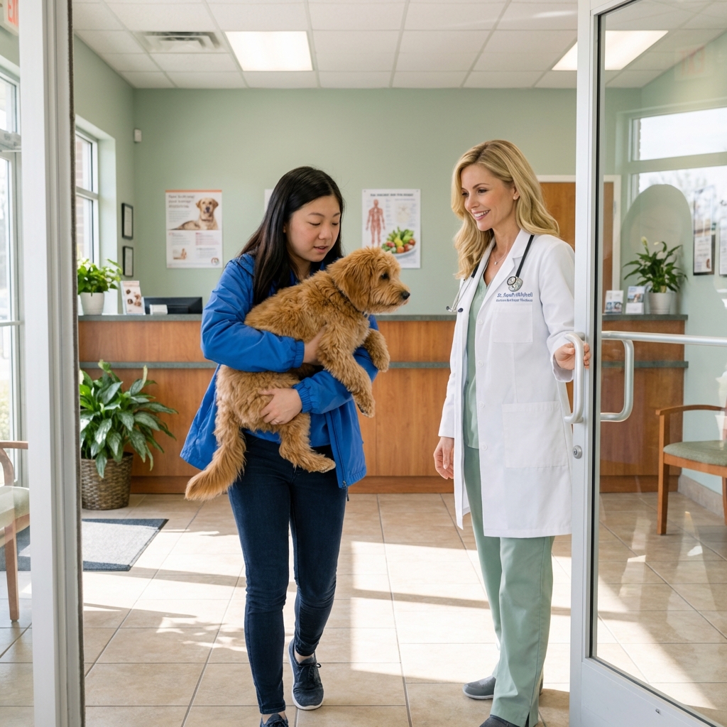 A dog being gently carried into a veterinary clinic lobby by an owner while a staff member opens the door