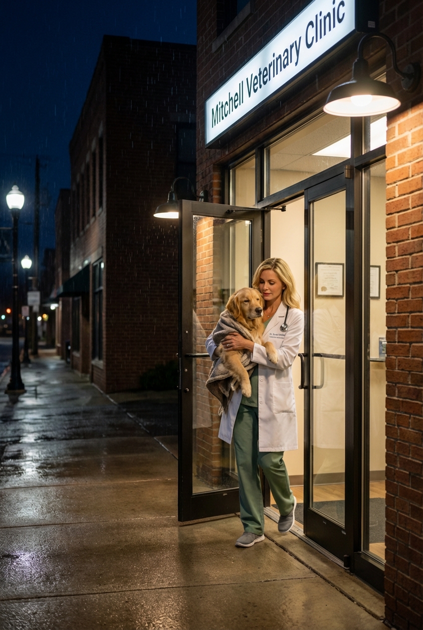 A dog being gently carried into a veterinary clinic entrance at night