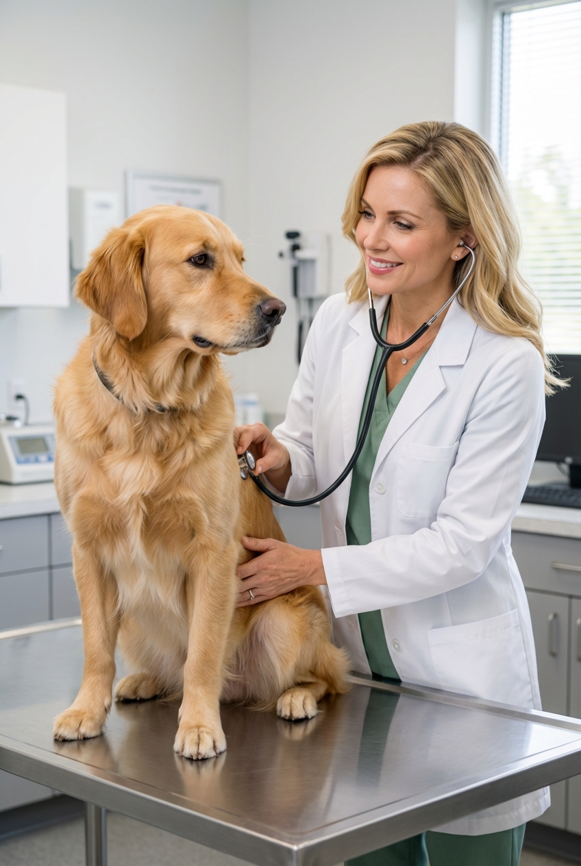 A dog being gently examined by a veterinarian in a clinic exam room