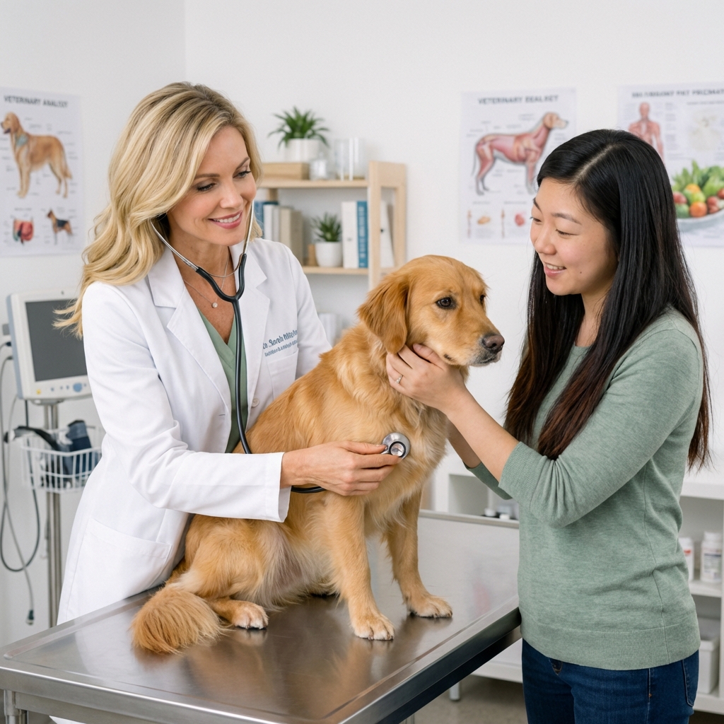 A dog being gently examined by a veterinarian in a clinic exam room