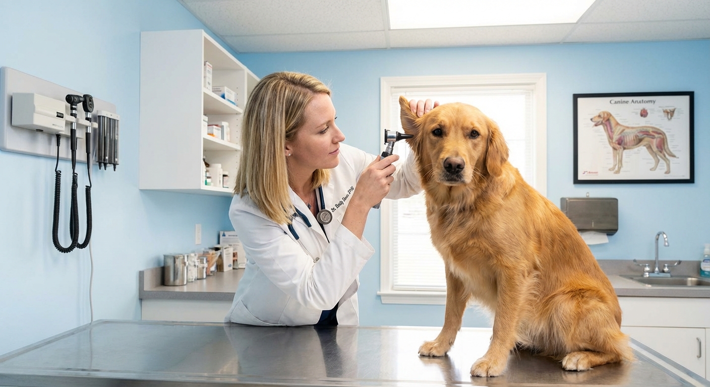A dog being gently examined by a veterinarian in a clinic room