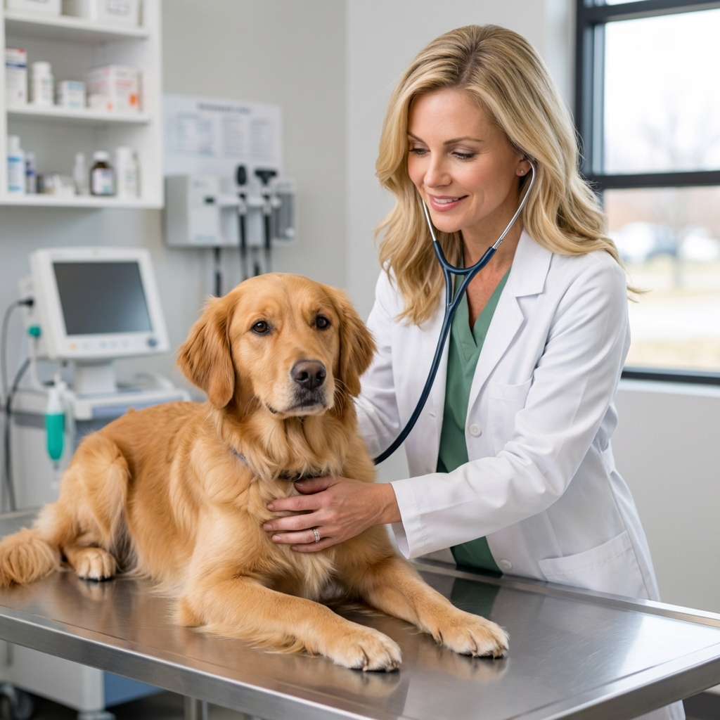 A dog being gently examined by a veterinarian on an exam table in a clinic