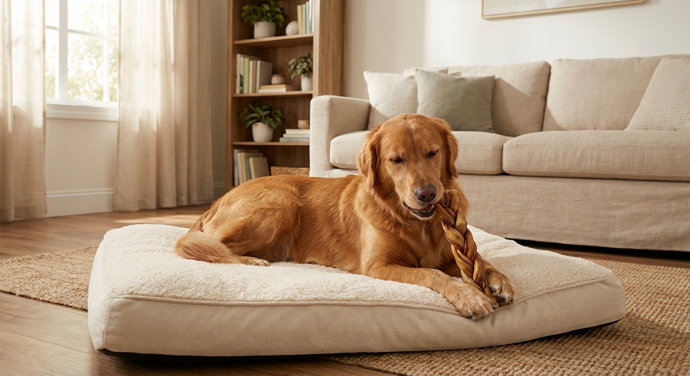 A dog calmly chewing a treat on a bed inside a quiet living room