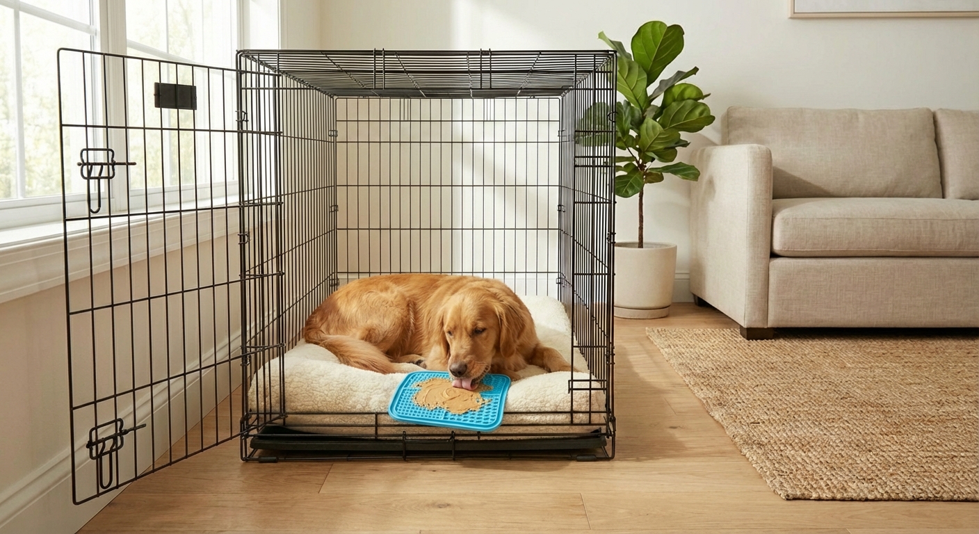 A dog calmly licking a lick mat while lying just inside an open crate