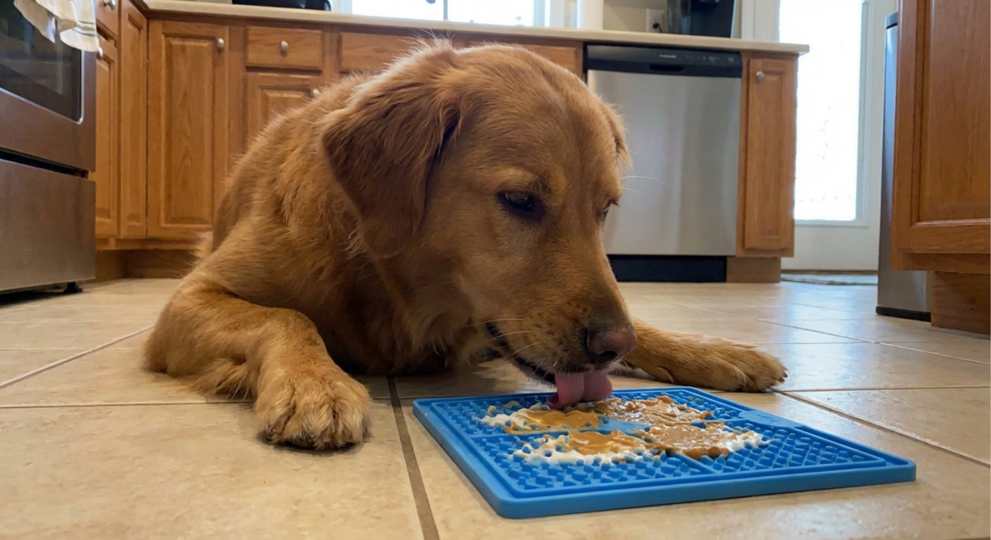 A dog calmly licking a silicone lick mat on a kitchen floor