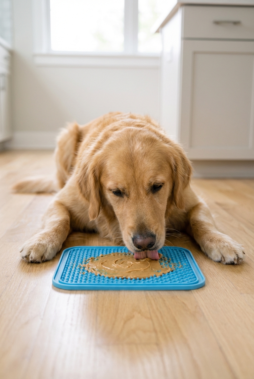 A dog calmly licking a silicone lick mat on a kitchen floor