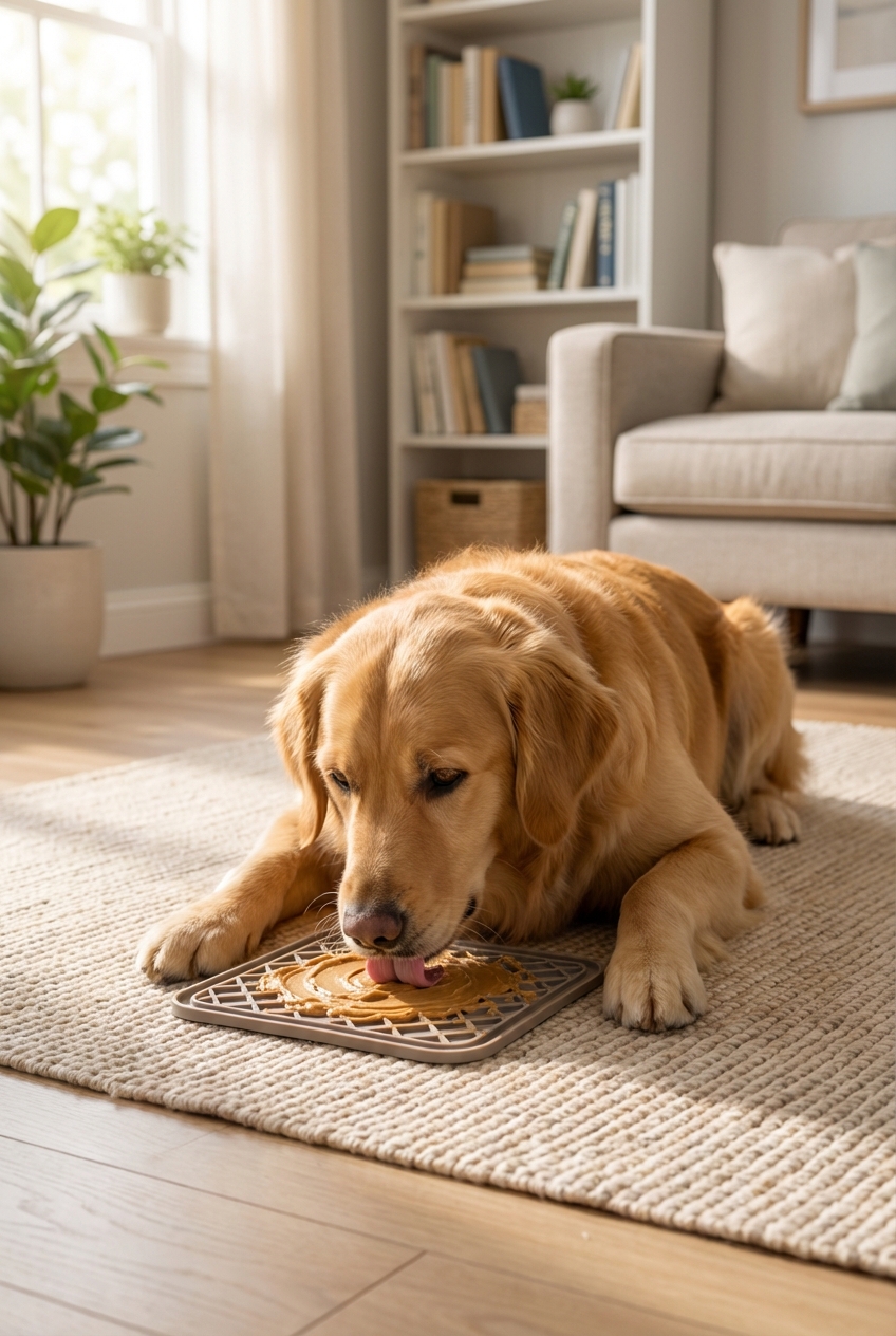 A dog calmly licking a treat mat while resting on a rug in a quiet room
