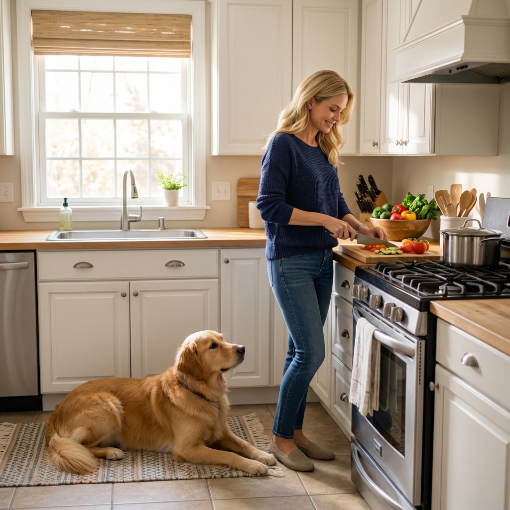 A dog calmly lying on a mat in a kitchen while an owner prepares food at the counter
