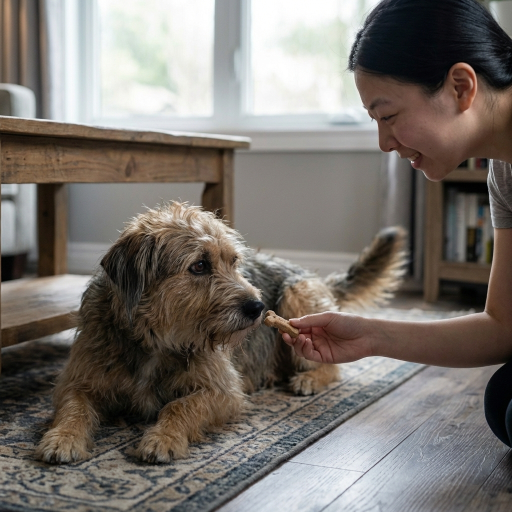 A dog calmly lying on a mat while a person offers a small treat