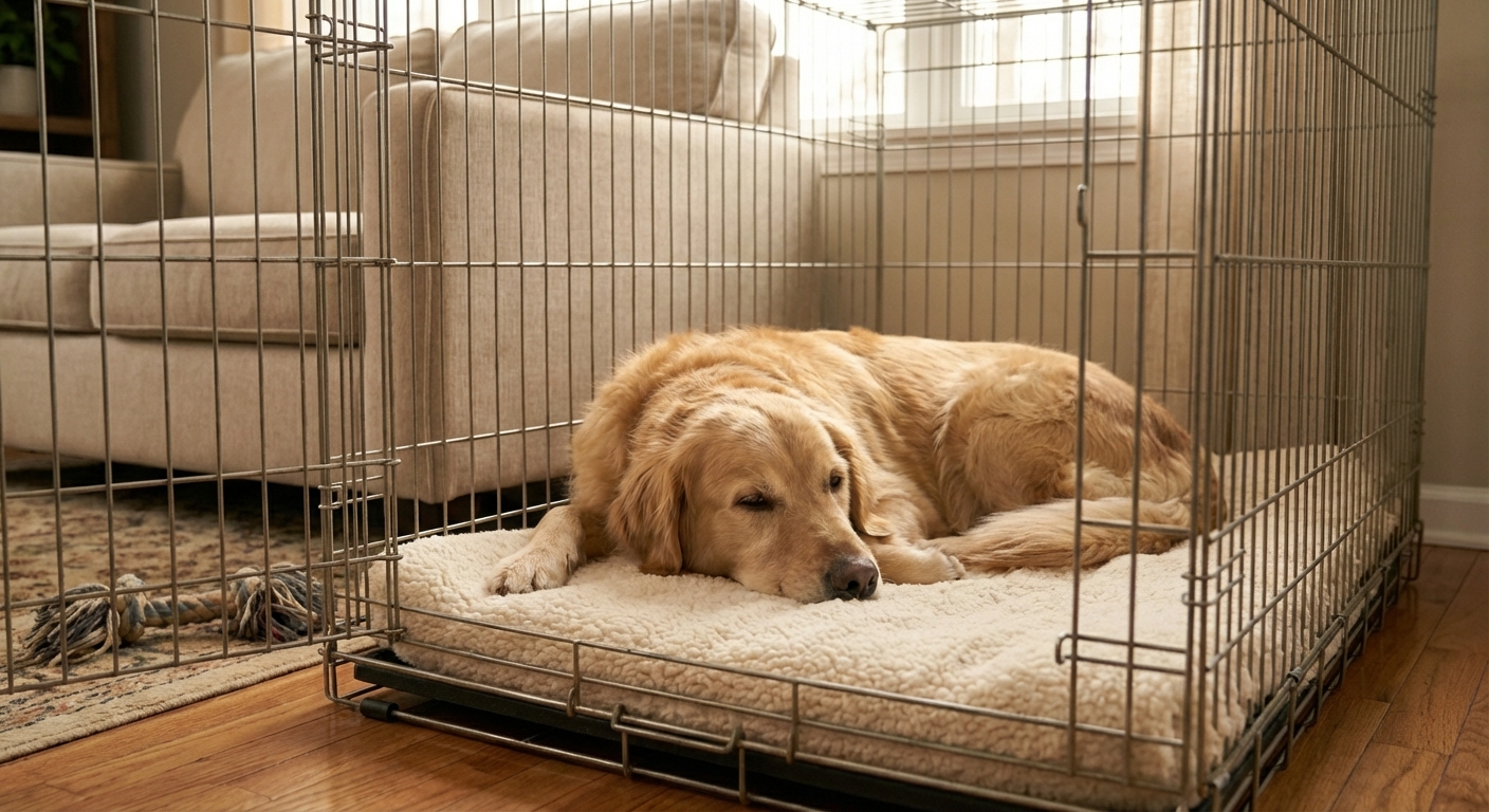 A dog calmly resting in a crate at home with a soft blanket