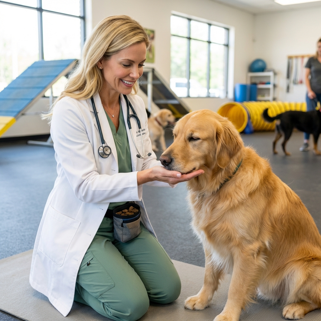 A dog calmly resting its chin on an owner’s open palm during a training moment