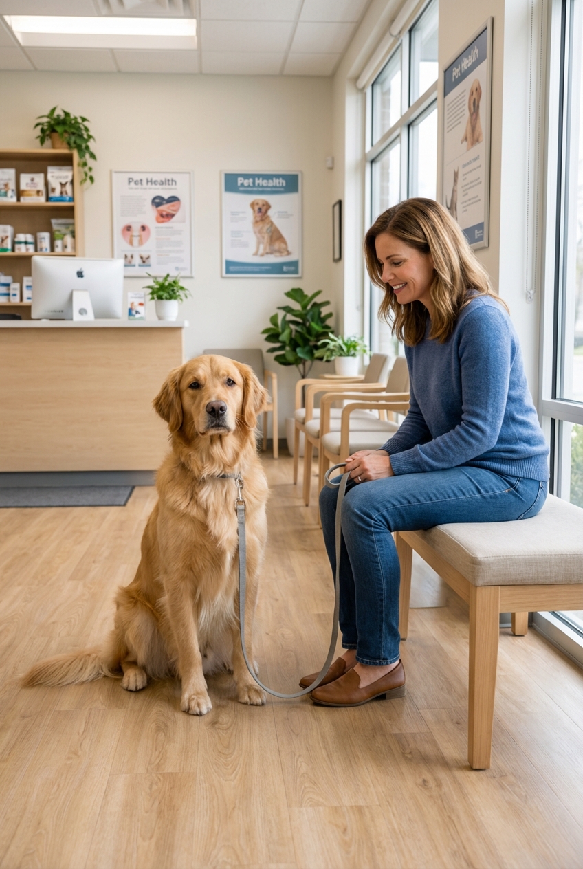 A dog calmly sitting on a leash in a veterinary clinic lobby with its owner nearby