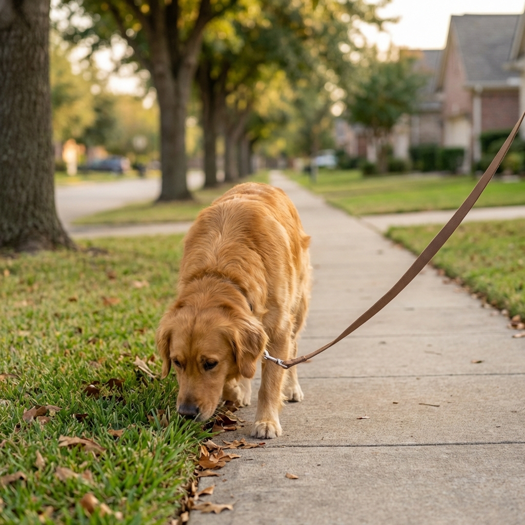 A dog calmly sniffing along a quiet neighborhood sidewalk on a long leash