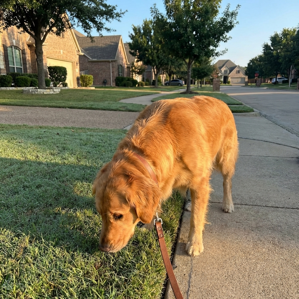 A dog calmly sniffing grass on a quiet neighborhood walk in early morning light
